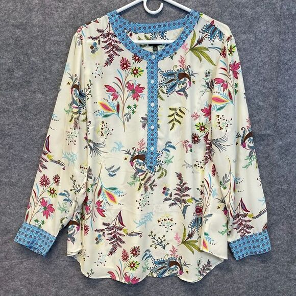 TALBOTS Blouse Women's 2X Plus Cream Blue Floral Botanical Popover Band Collar - Picture 1 of 12